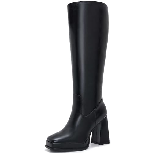 ZXHYZLZ Slim Calf Boot Knee High for Women Square Toe Chunky Heeled Platform Tall