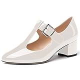 MERRORI Women's White Patent Round Toe Low Heel 2 Inch Block Buckle Solid T Strap Pumps Shoes Size 9.5 - Zapatillas de Tacon