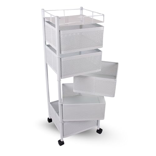 Image of KITCHIVO Kitchen Storage Rack | Revolving Vegetable Rack | Square Multipurpose Storage Trolley with Wheels | Metal Fruit Rack (White, 5 Layer)