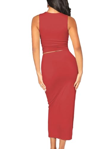 Image of Bdwinz Women's Casual 2 Piece Dress Round Neck Tank Top Bodycon Midi Skirt Dress Set