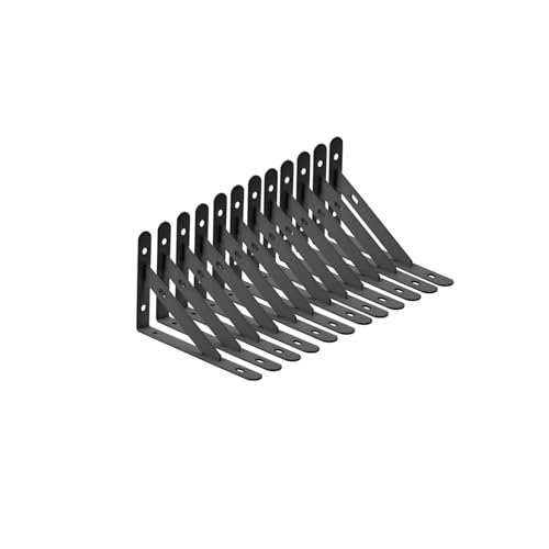 棚受け金具L字型 アイアンブラケット 12本セット ビス付き (150x95x16mm, ブラック)