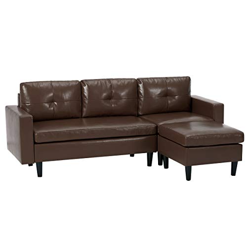 YODOLLA Convertible Sectional Sofa Couch, L-Shaped Sofa Couch with Modern Faux Leather, Dark Brown Sectional for Small Space