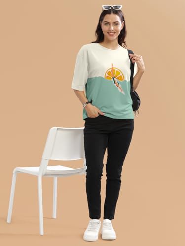 Image of HELLCAT Beige Printed Loose Fit Crew-Neck Crop T-Shirt for Women
