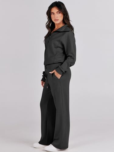 Caracilia Two Piece Outfits for Women Lounge Matching Sets 2 Piece Sweatsuit Sets 2023 Trendy Clothes Sweat Suit Half Zip Sweatshirt and Wide Leg Pants Fall Winter Jogger Tracksuit A1088heise-M Black