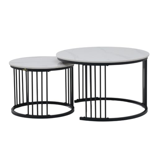 Image of Royaloak Genting Malaysian Round Sintered Top Coffee Table Set of 2 | Nesting Coffee Table for Living Room with Modern Nested Design, Glossy Surface, Powder-Coated Metal Frame & Vertical Bar Support