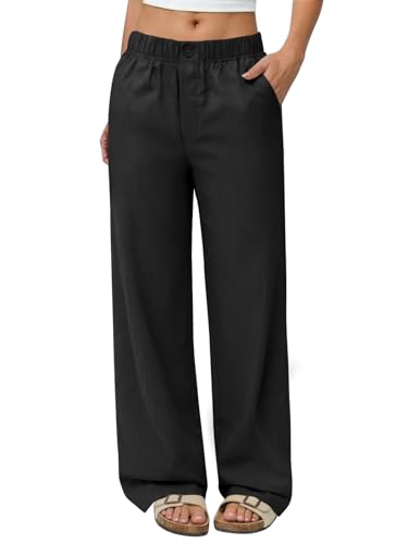 COPYLEAF Linen Pants Women Wide Leg Elastic Waist Flowy Palazzo Casual Pants with Pockets Beach Travel Trousers(Black M)