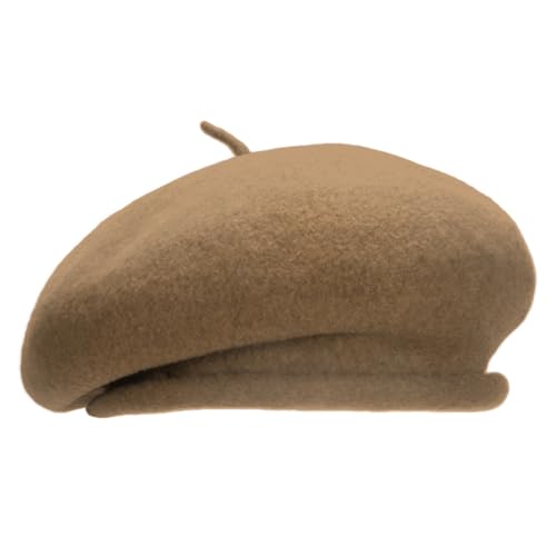 100% Wool Khaki Beret Hats for Women Men,Classic French Hat,Adjustable Headband, Handmade Rolled Brim.