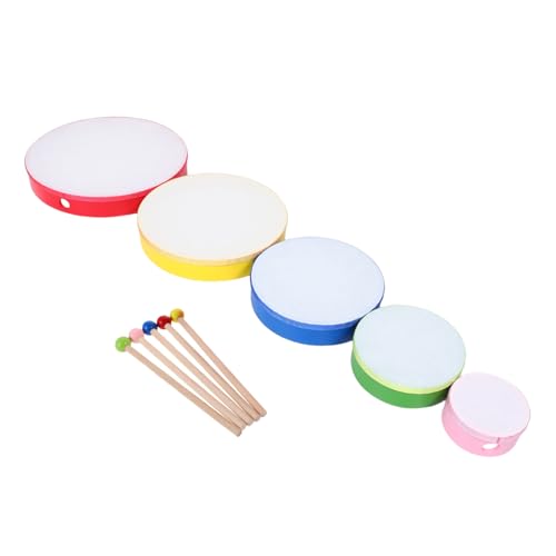 Alasum 5pcs 彩色?皮手鼓点 木製フレーム マレット付 鮮やかなカラフルデザイン リズム学習に 幼児音楽教育 舞台演奏用パーカッション楽器