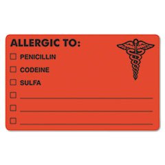 ** Drug Allergy Medical Warning Labels, 2-1/2 x 4, Orange, 100/Roll **
