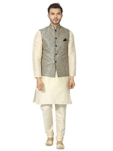 Image of Uri and MacKenzie Men's Silk Blend Regular Kurta Churidar Pyjama with Bundi Nehru Jacket /Waistcoat
