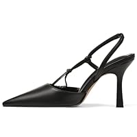 Tarkwa Sapato feminino com salto gatinho fechado bico fino stiletto 2025 tira no tornozelo para festa de casamento dia a dia, Preto, 37