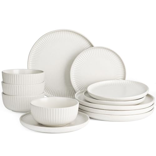 Image of Famiware Starlight 12-Piece Plates and Bowls Sets for 4, Stoneware Dinnerware with Ribbed Textured, Handcrafted Reactive Glaze Dishes - Dishwasher & Microwave Safe, Chip /Scratch Resistant, Matte White