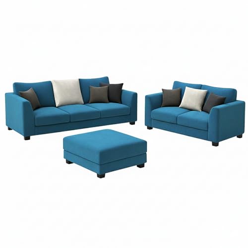 Image of SOCOZI Trevano 3+2 Seater Fabric Sofa Set with Ottoman | Soft Velvet Suede Upholstery | Modern Living Room Furniture (Aqua Blue-Light Grey)