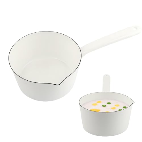 Saucepan,1.2L Nonstick Milk Pan with Pour Spouts,Butter Warmer,Small Kitchen Pot Gas Stove Enamel Milk Warm Pot with Handle,Sauce Pan for Home Kitchen,Easy to Clean(White)