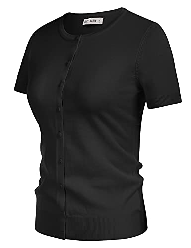 Women's Short Sleeve Cardigan Crewneck Button Up Sweater(Xl,Black) #TOP1