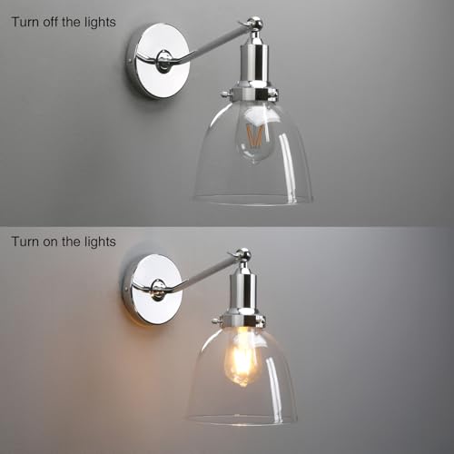 Image of PERMO Industrial Vintage Wall Sconce Chrome Wall Sconce with 6.7 inch Oval Dome Clear Glass Shade Light Lamp Fixture