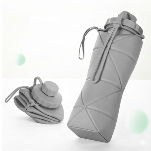 Image of Barebeauty Folding Silicone Water Bottle | Collapsible Travel Water Bottle for Gym, Office, School, Cycling, Hiking & Outdoor Sports | Leak-Proof, Portable Bottle | 600 Ml (Grey)
