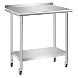 PIUMACU Stainless Steel Table with Wheels Commercial Stainless Table for Prep & Work, All-Stainless Steel Metal Table for Restaurant Home Kitchen, 30 x 18 Inch + Backsplash + Caster