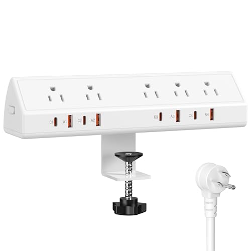 Image of Jgstkcity Desk Clamp Power Strip,Edge Mount,65W USB C,1200J,White | 4 USB-C Ports,Fit 1.96'' Tabletop,1875W Extension Cord,ETL Listed,Outlet Extender Desk Organizer,Office,Gaming,Dorm
