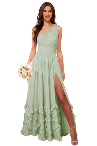 SEIM Women's One Shoulder Ruffles Bridesmaid Dresses Long A Line Pleated Formal Evening Dress with Slit SE1053