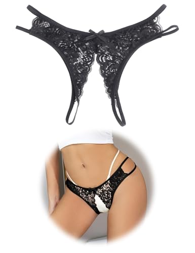 ohmydear Ouvert String Tanga für Damen Erotische Damen Höschen Sexy Unterwäsche Frauen Spitze Thongs Heiß Offen Schritt Unterhosen Elastisch Slip Ouvert Große Größen Panty Schwarz