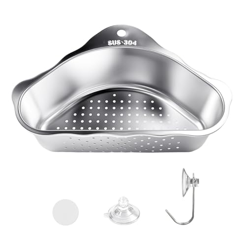 FuxFuis Scolapasta da Lavello in Acciaio Inox 304, Mensola Triangolare Portaoggetti Scolapiatti con Ventosa, Cestello Filtro per Lavandino, Cestello Scarico per Lavello da Appendere per Cucina Bagno