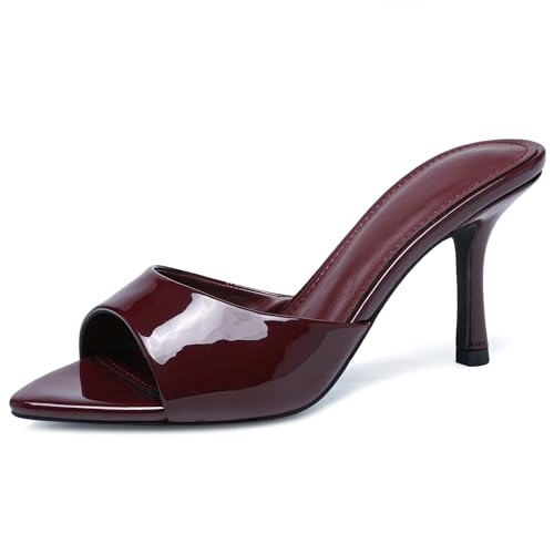 Image of Riekhany High Heel Mules for Women Slip On Open Pointed Toe Classy Patent Leather Stiletto Pumps Formal Slingback Mule Sandals Dress Walking Shoes
