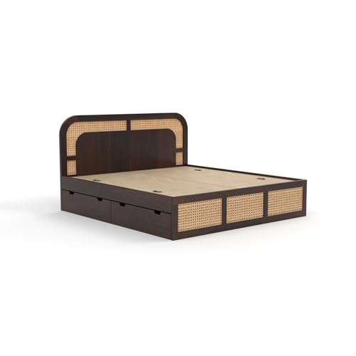 Image of Sheesham Wood Cane Bed with Drawer Storage for Bedroom | Queen Size Wooden Double Bed Palang with Curved Rattan Headboard & Footboard (Walnut Finish)