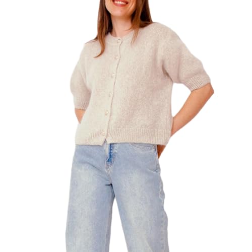 Image of Womens Button Up Short Sleeve Cardigans Sweater Cropped Lightweight Round Neck Elegant Knit Tops with Pockets