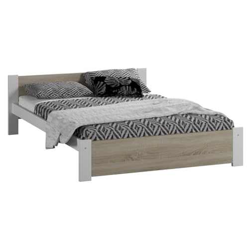 Home Collective Bett, Bettgestell 120x200, Holzbett 120x200 | Massivholz Kiefer & Möbelplatte | Stabil & Langlebig | 205x132x58.5 cm (BxTxH) | Weiß mit Sonoma Eiche