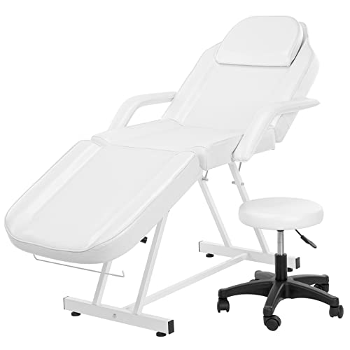 Omysalon Massage Salon Tattoo Chair Esthetician Bed With Hydraulic Stool,Multi-Purpose 3-Section Facial Bed Table, Adjustable Beauty Barber Spa Beauty Equipmen, White #TOP6