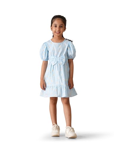 Image of Amazon Brand - Symbol Girls Bow Detail Pure Cotton Knee Length Casual Dress