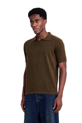 Image of SNITCH Men Knitted Polo T-Shirt | Geometric Pointelle Textured Knit & V-Placket Polo Collar | 100% Cotton Breathable Summer Knit, Casual Resort Wear