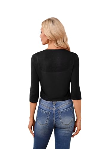 YGJIEGENG Bolero Damen Sommer Kurz 3/4 Ärmel Strickjacke Offene Vorne Bolerojacke Casual Elegant Leicht Schulterjacke Schwarz S