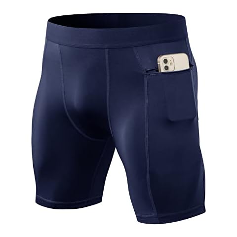 Yishengwan Mens Compression Shorts with Phone Pockets, Cool Dry Running Undershorts Base Layer Sports Shorts for Fitness Running Gym Cycling Rugby Navy L Cover