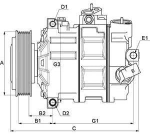 Technical drawing of the AC compressor front view with dimensions