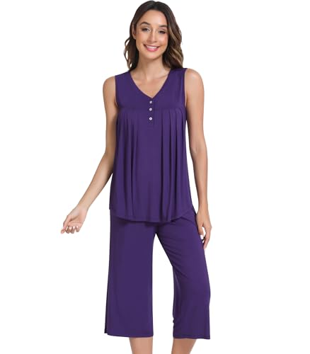 Image of NACHILA Pajamas for Women-Viscose Made from Bamboo, Sleeveless Pjs Top with Capri Pants Pajama Set Cool Pleated Sleepwear