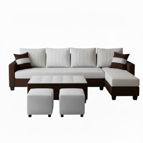 Image of FURNY Avenue 8 Seater Fabric RHS L Shape Sofa Set with 1 Centre Table & 2 Puffy (Light Grey-Dark Brown) Premium Velvet Finish