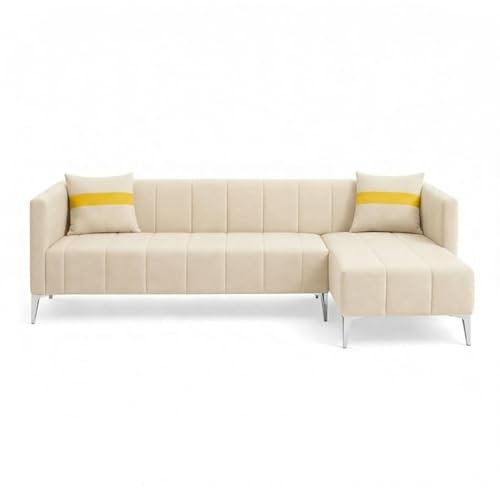 Image of Solomon Luxe Velvet-Suede Fabric 5 Seater RHS L Shape Sofa | Comfortable & Spacious Seating | Modern Sofa for Living Room - Cream