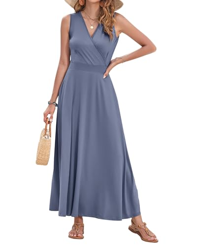 Image of AUSELILY Womens Maxi Dress Summer Sleeveless Wrap Long Dresses with Pockets | V-Neck Wrap Sleeveless Sundress, fits formal, casual, beach, vacation & daily wear