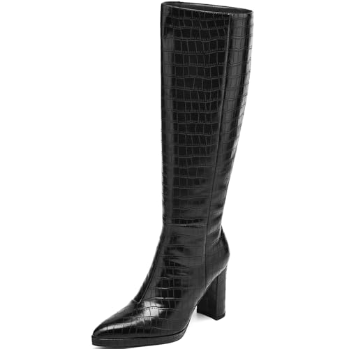 AIUNIIND Knee High Boots Women Platform Chunky Go Go Boots Pointed Toe Tall Boots Fashion Long Boots Block High Heels Side Zip Black 8.5