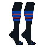 Mk Socks Striped Knee High Baseball, Football Socks (E) Black, Royal, Orange