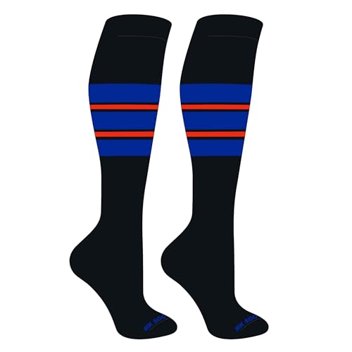 Mk Socks Striped Knee High Baseball, Football Socks (E) Black, Royal, Orange