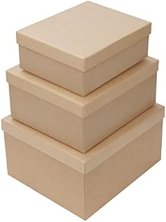 BELLE VOUS Set of 3 Paper Mache Boxes with Lids - Small, Medium & Large Sizes - Rectangle Brown Stacking Decoupage Box - Storage for Jewellery, Cosmetics, Gifts, Accessories & Crafting Materials