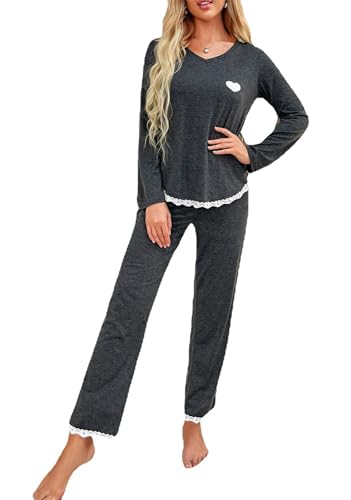 Pyjama ensemble pour femmes col V vêtements de nuit manches longues et pantalon léger