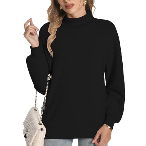 Women Turtleneck Sweatshirt Pullover Knit Sweater Casual Soft Fall Winter Trendy Tops Outfits Black Small
