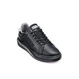 Karl Lagerfeld Paris Men's Lace Up Leather Sneaker with Logo Patch, Black, 9.5
