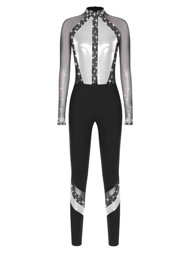 Leotard gym coupe ajustée haut de gamme avec cristaux brillants et manches longues