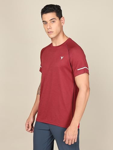 Image of TECHNOSPORT Men's Melange Slim Fit Round Neck T-Shirt Double Cool Raglan Sleeve Slip On Polyester for Gym Running Workout UPF50+ Anti Odour