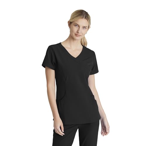 BARCO Skechers Vitality Charge Classic Fit Scrub Top for Women – Black, 3-Pocket Classic V-Neck Shirt w- 4-Way Stretch – Moisture Wicking, Quick-Shed, Anti-Static – Medium, Regular Fit